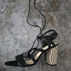 Nine West Black Strappy Heels with Gold Patterned Block Heel